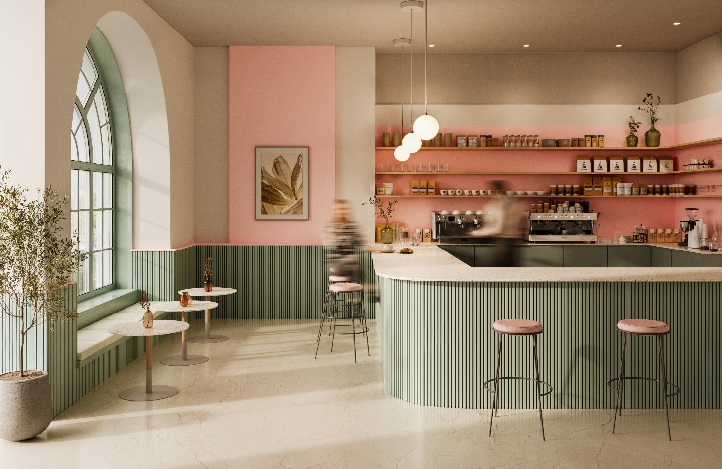 New HIMACS Terrazzo Ulivo with recycled content (counter, tabletops) and new Lafayette Green in the Solids family (fluted fascias)