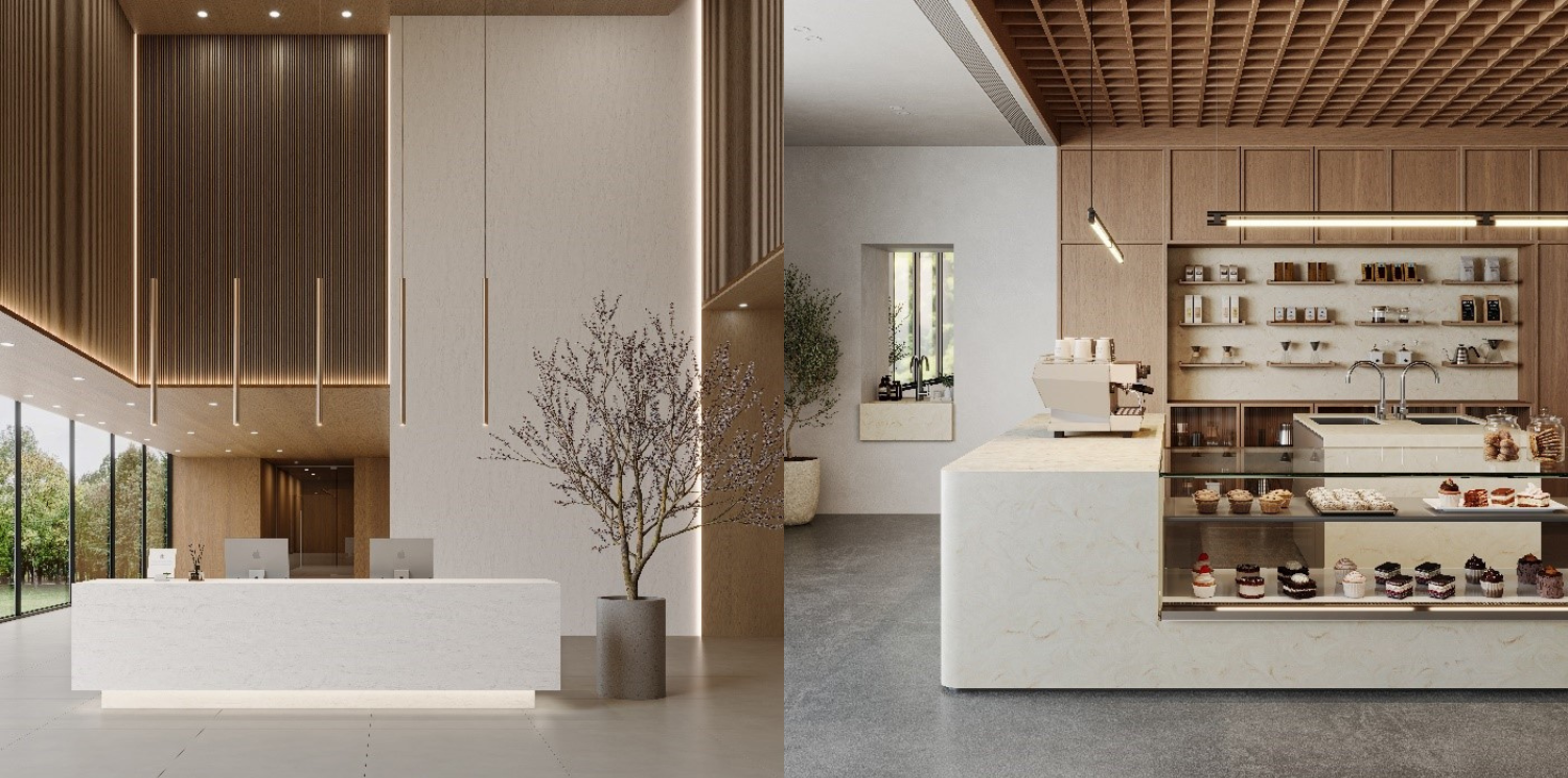 Aurora Alps (left) is now available in an extra wide sheet, enhancing application and fabrication options. The swirling patterns of Aurora Pluma on the right.