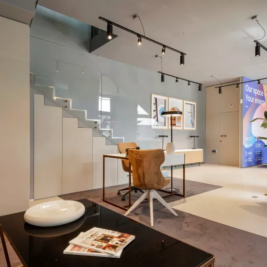 The ethereal aesthetics of HIMACS Pavia in a chic, industrial office design