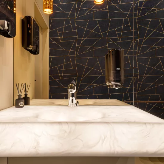 The ethereal aesthetics of HIMACS Pavia in a chic, industrial office design