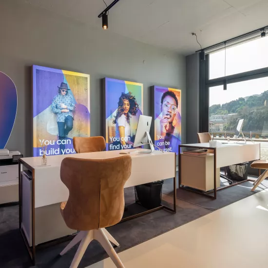 The ethereal aesthetics of HIMACS Pavia in a chic, industrial office design