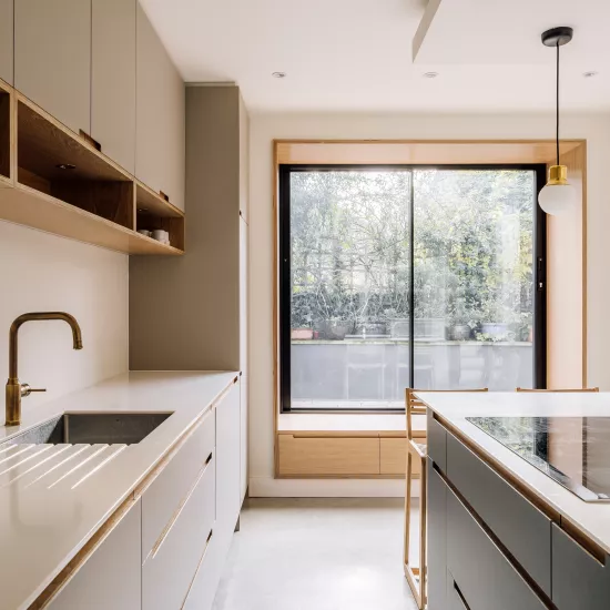 Modern kitchen extension with contemporary HIMACS worktops in Stoke Newington