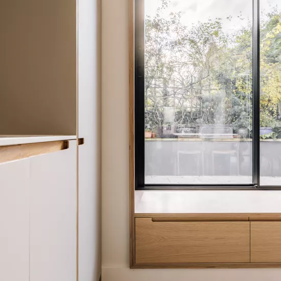 Modern kitchen extension with contemporary HIMACS worktops in Stoke Newington