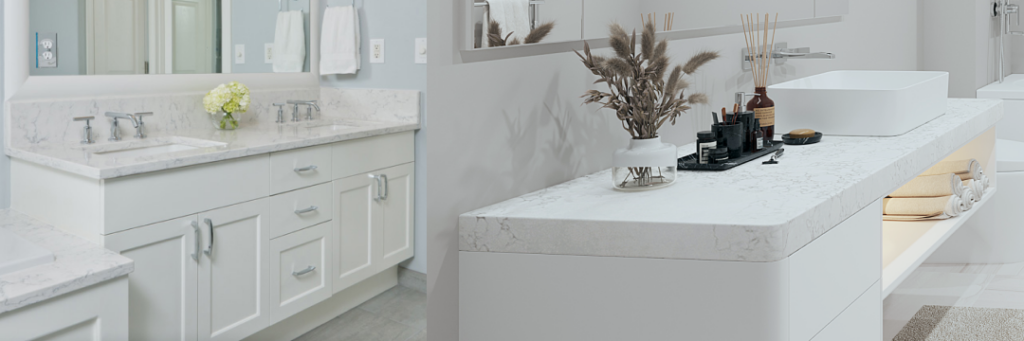 Viatera Minuet quartz countertops for master and guest bathrooms