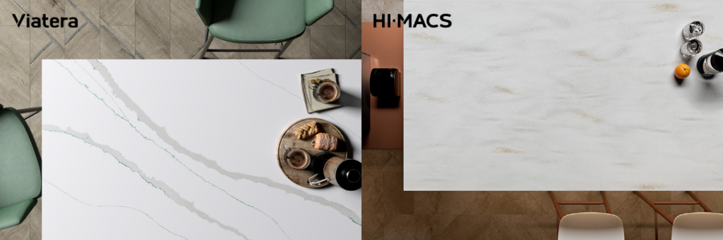 Viatera quartz vs HIMACS solid surface kitchen countertop materials