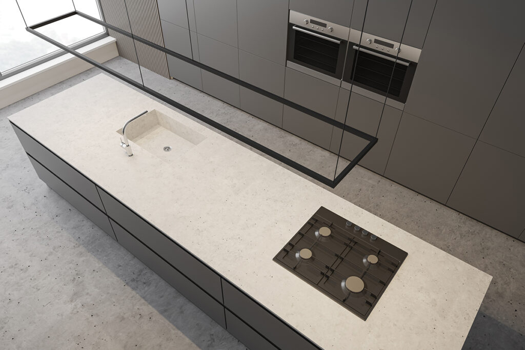 Concrete flooring is a durable and long-lasting option for kitchens for a stylish look