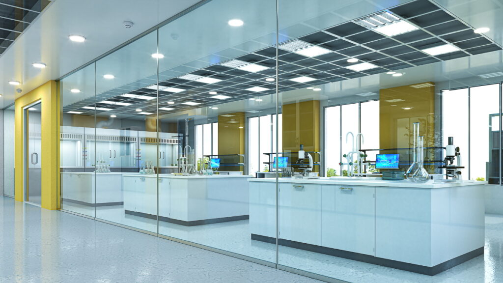 Spacious and bright laboratory interior. 3d illustration