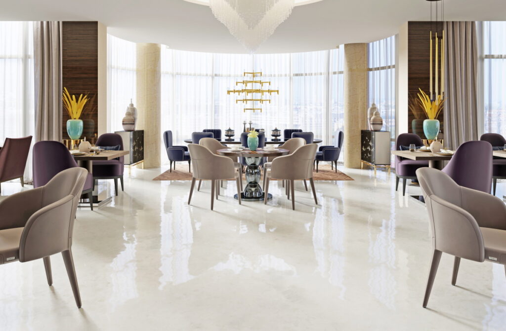Porcelain tile is durable, stain-resistant, versatile, and cost-effective for café flooring.