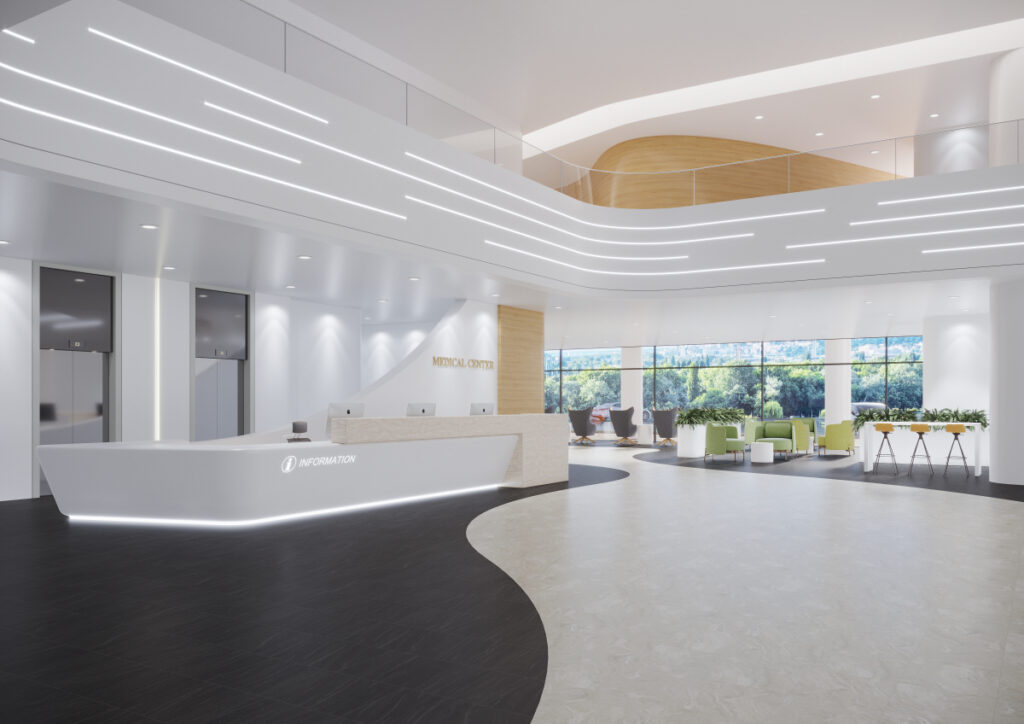 Hospital lobby desk and wall designed by white himacs solid surface material