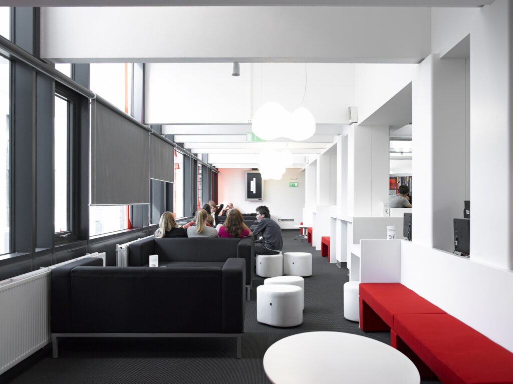 Newcastle university lobby lounge and computer room designed with white HIMACS