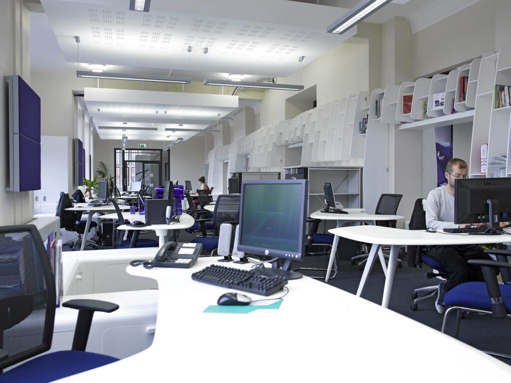 Newcastle university lobby lounge and computer room designed with white HIMACS