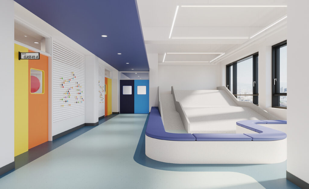 School corridor designed with HIMACS solid surface 