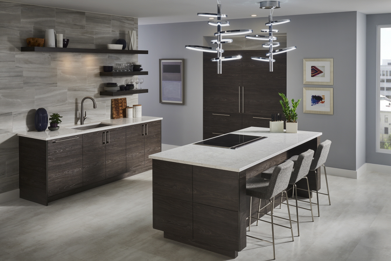 LX Hausys VIATERA - Achieve a stylish kitchen makeover affordably with trendy backsplashes, open shelving, and statement lighting.
