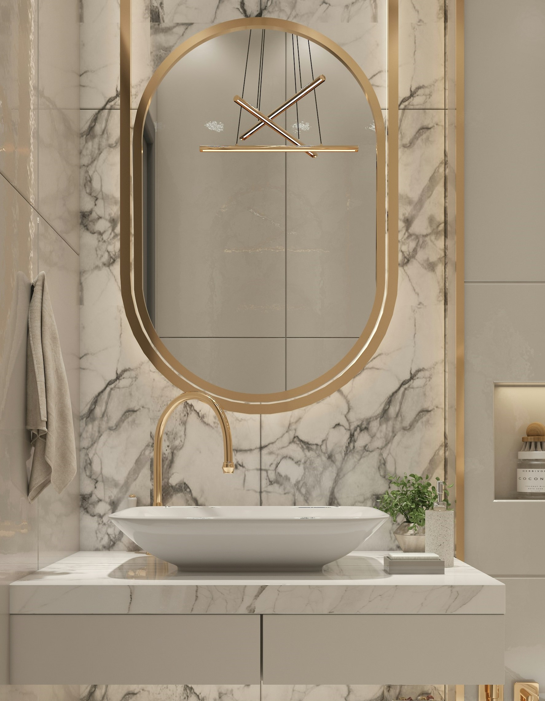 Add a touch of glamor and luxury with gold accents on mirrors, light fixture, etc.