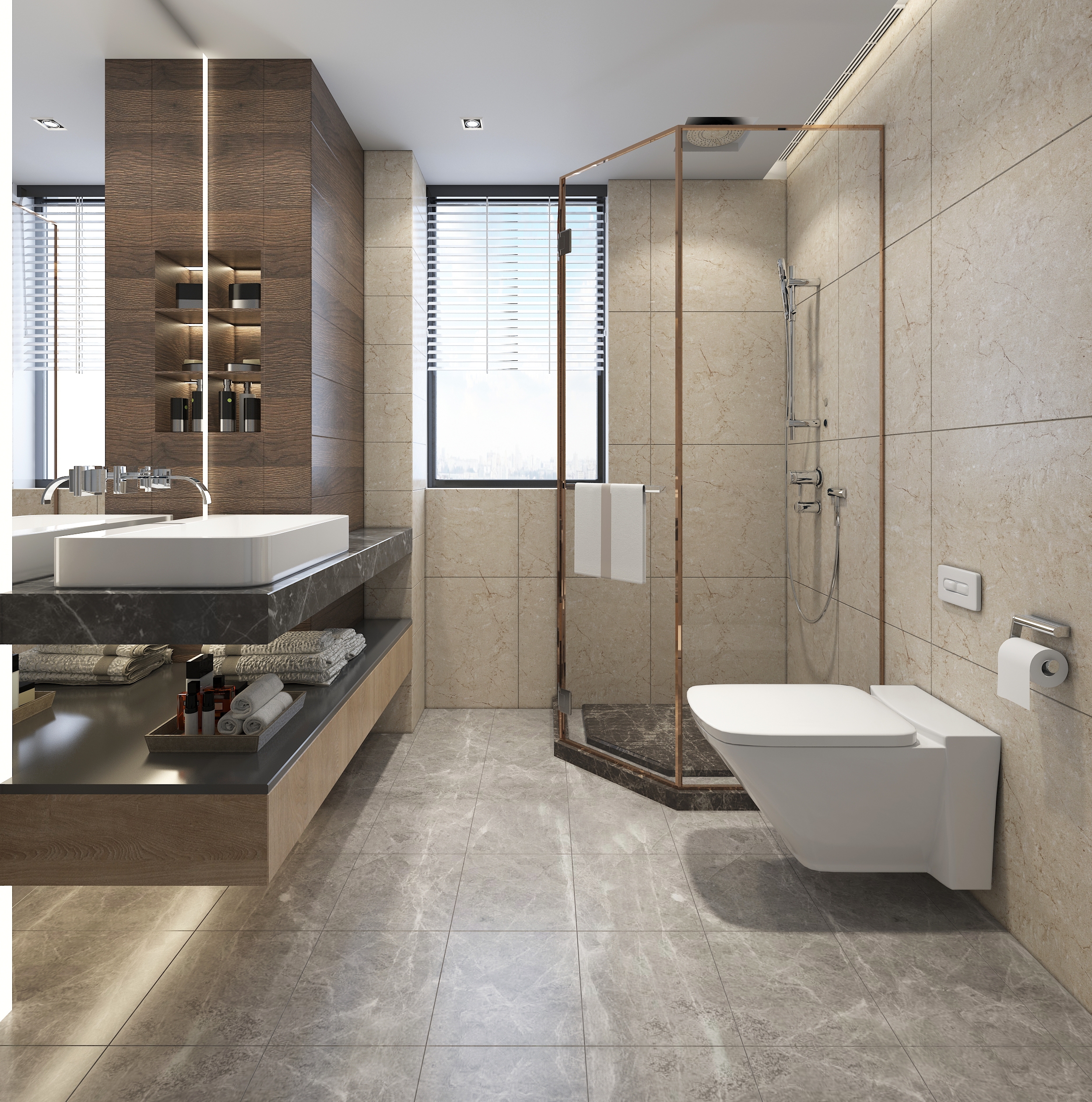 Contemporary bathroom flooring combines elegance and practicality, creating a stylish and efficient space for modern living.