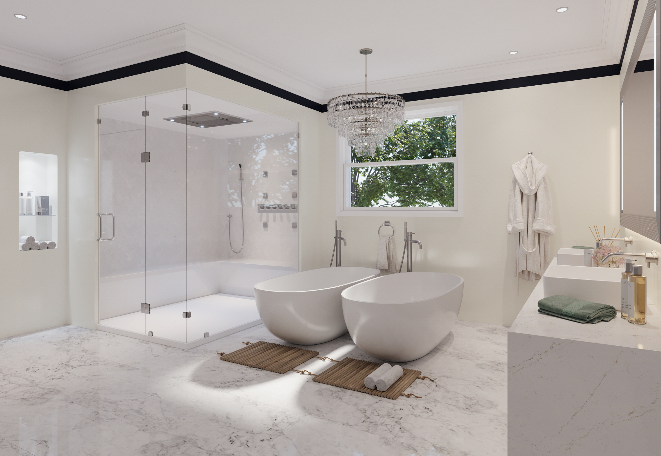 Luxurious contemporary guest bathroom: decadent lighting, flooring, furniture, colors.