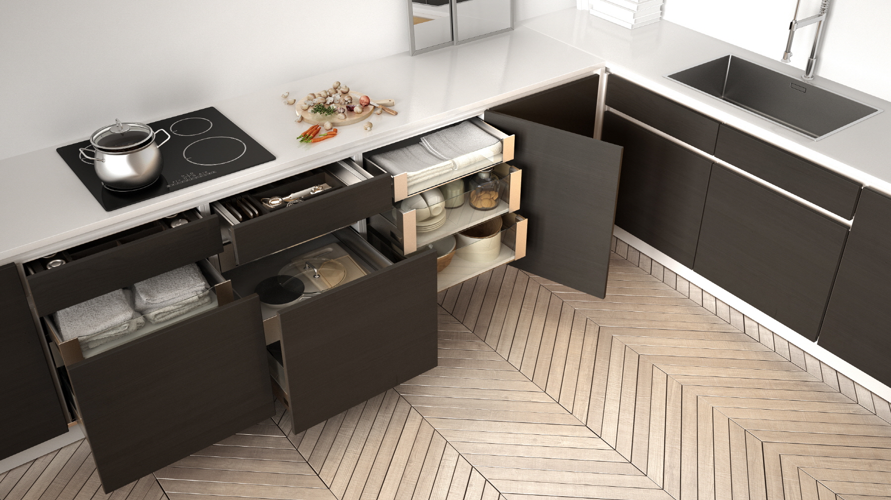 Opt for built-in storage like pull-out drawers and hidden bins for a tidy kitchen look.