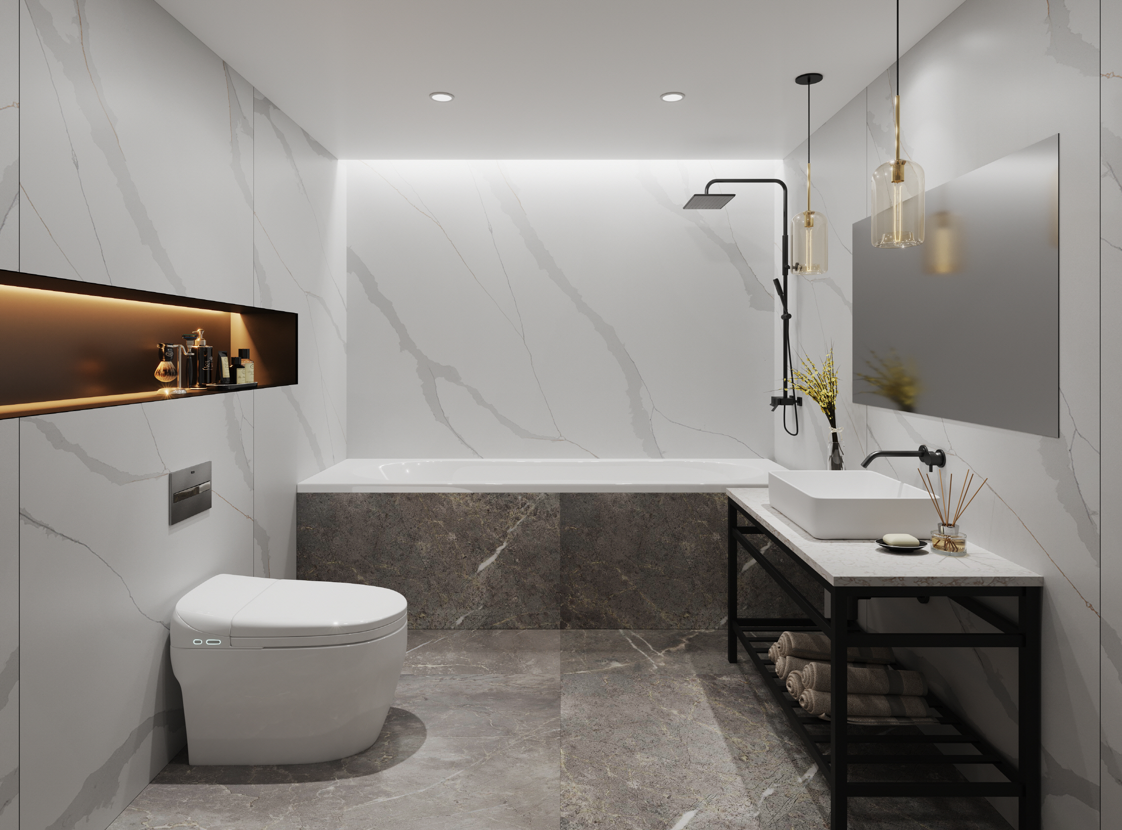 LX Hausys VIATERA  - For a modern, elegant guest bathroom, choose minimalist fixtures and sleek, contemporary finishes.