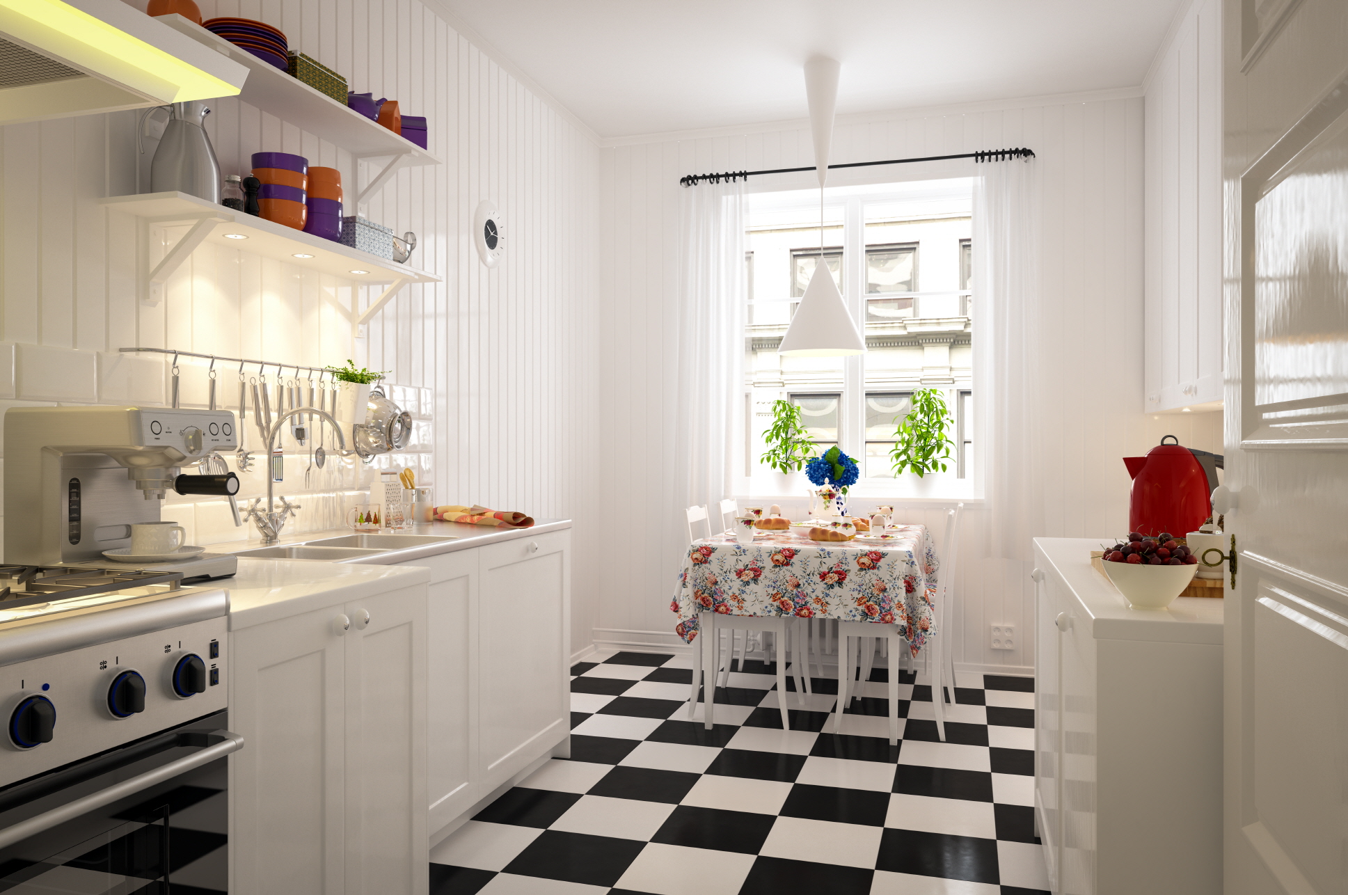 Infuse personality into your small kitchen with bold floor designs like patterned tiles or colorful rugs.