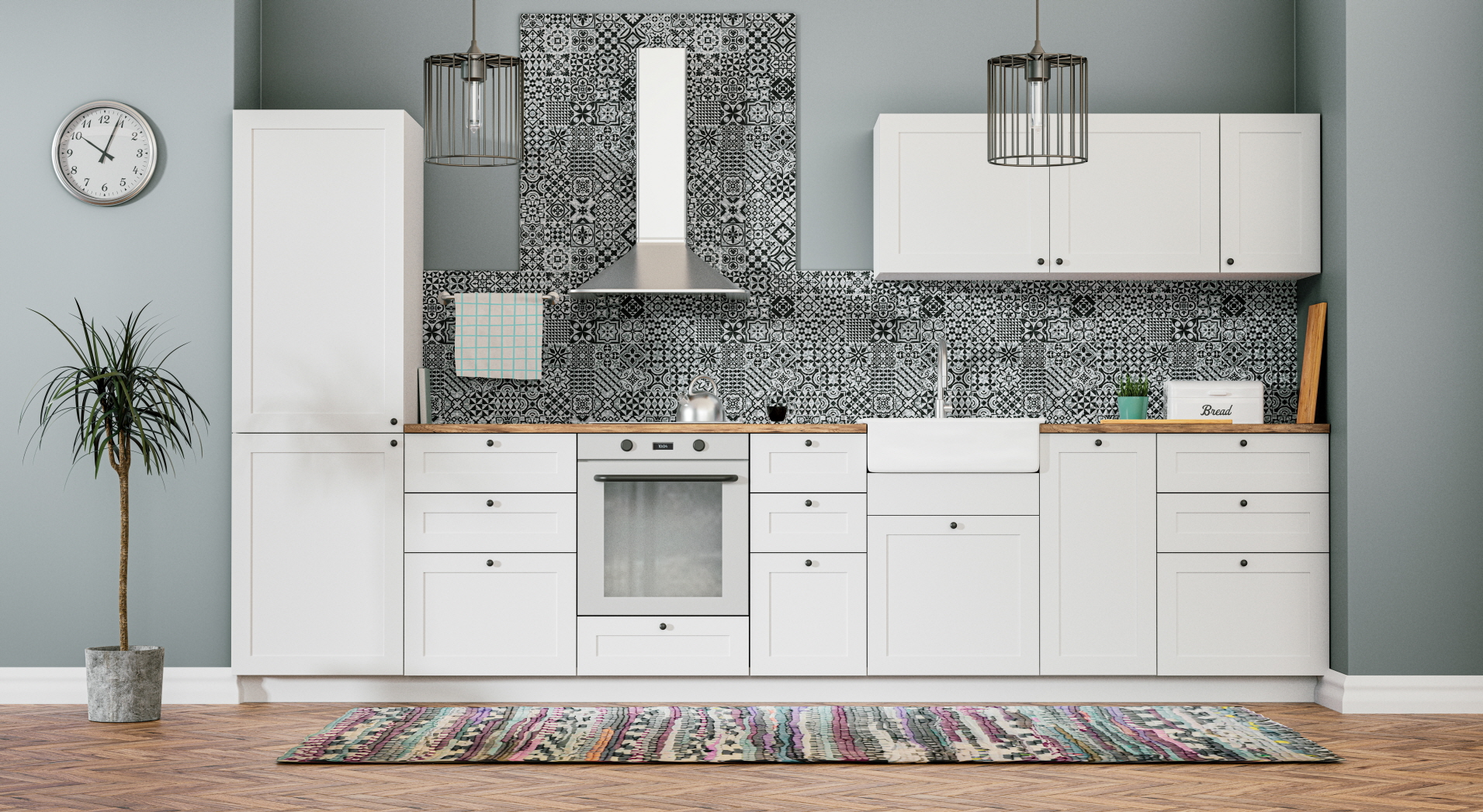 Create a stylish budget kitchen by mixing bold and neutral elements.