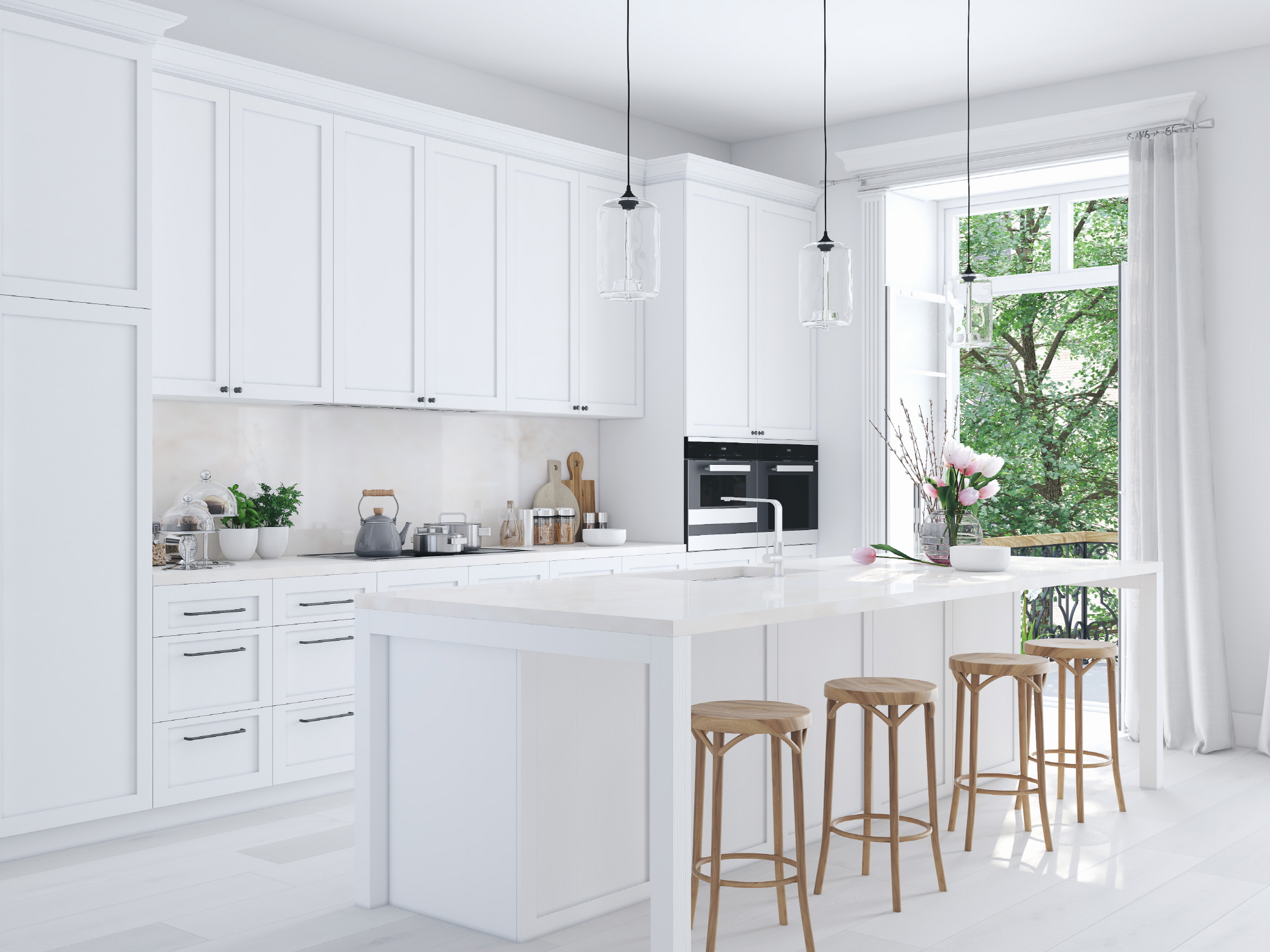 Explore budget-friendly elegance in a white kitchen with timeless sophistication.