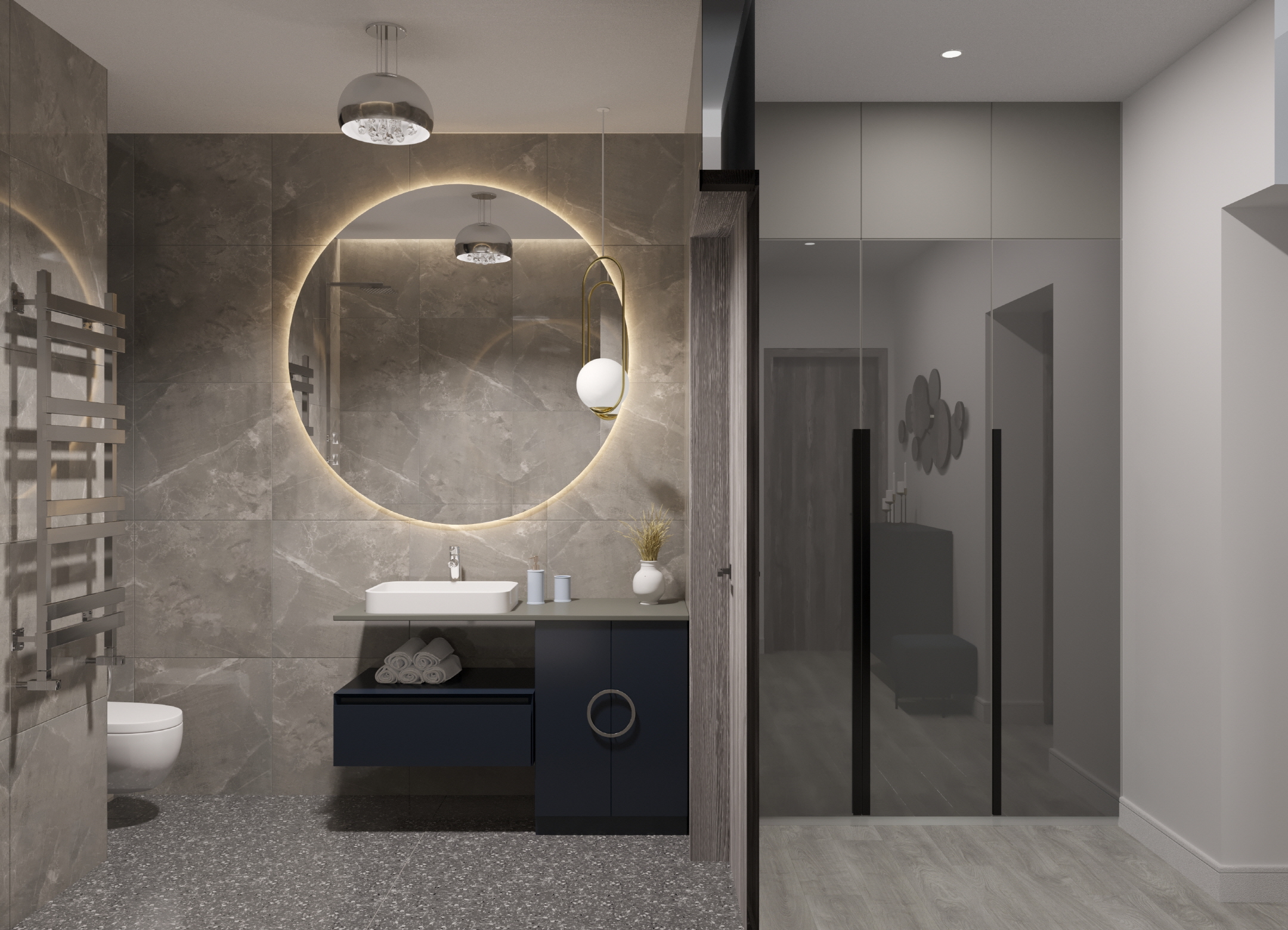 Style your guest bathroom with lighting such as pendant lights, sconces, or backlit mirrors.