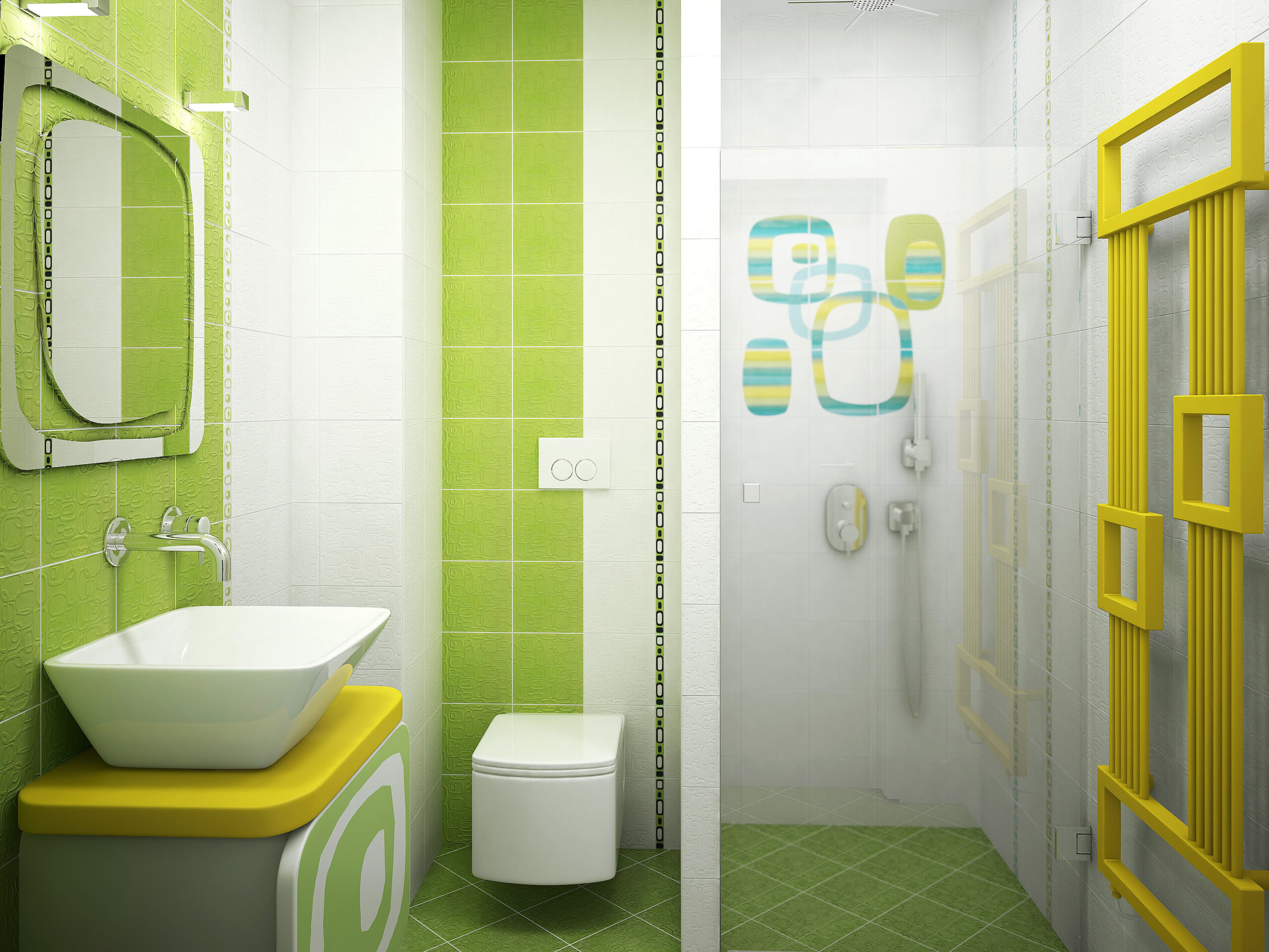 Bold tile and vinyl flooring in colors like blue, green, and yellow are great for achieving a retro look.