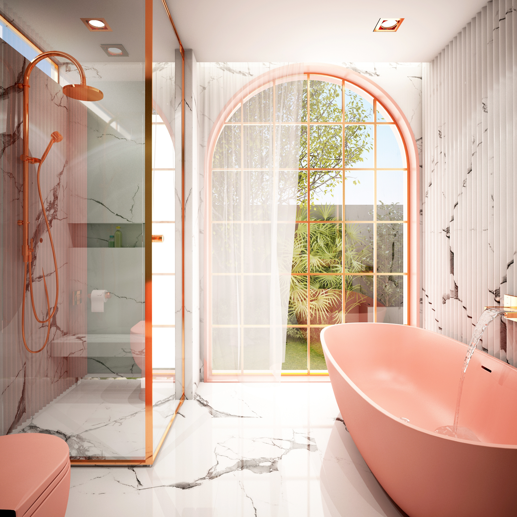 Peachy Pink adds femininity and warmth, evoking nostalgia for a cozy, charming bathroom ambiance.