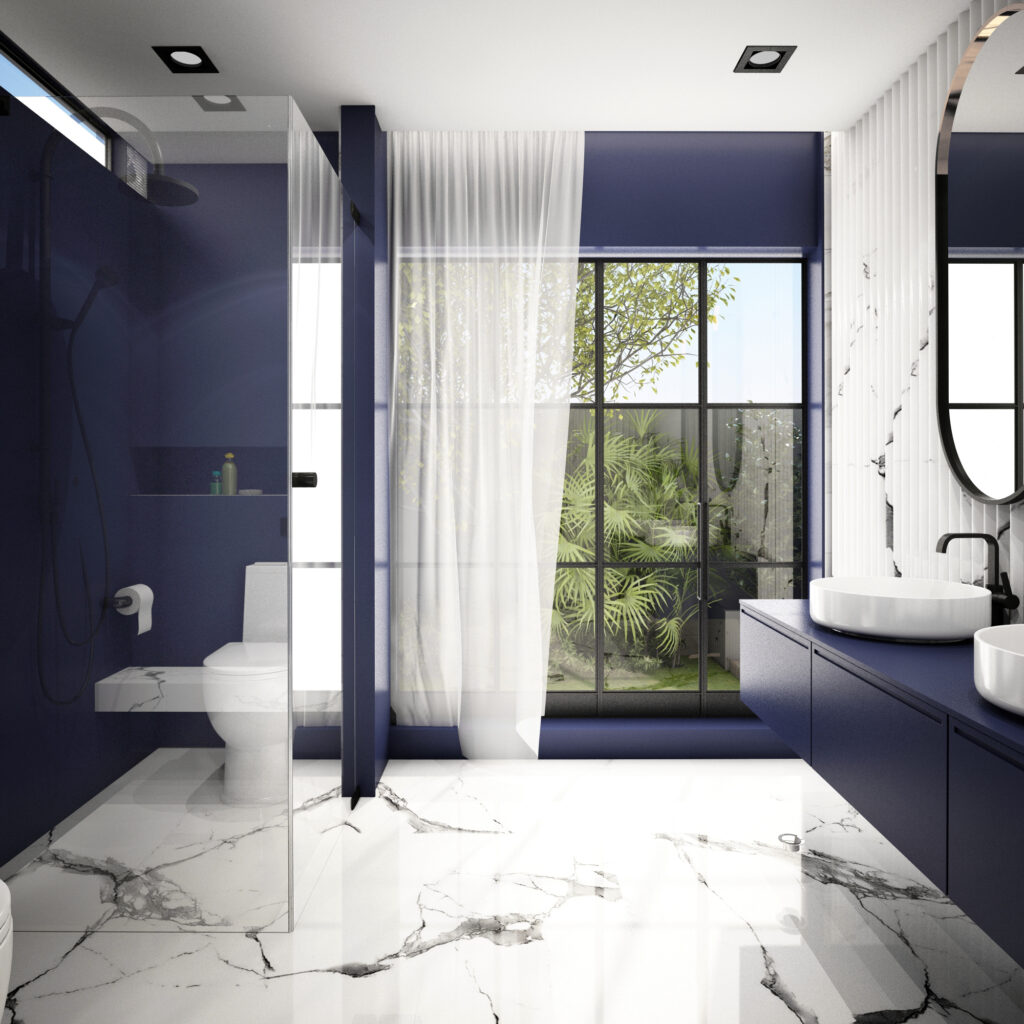 Indigo Blue creates a bold, calming, and luxurious bathroom ambiance, evoking tranquility and sophistication.