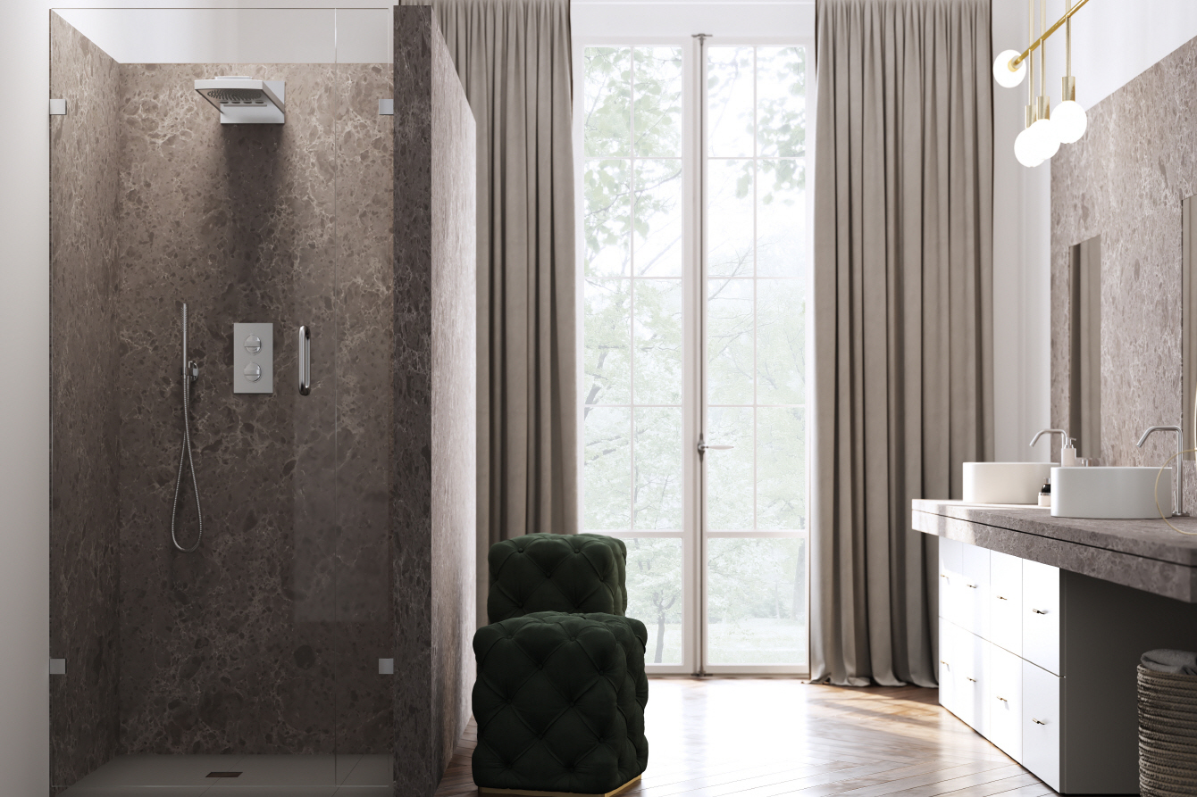 LX Hausys VIATERA - Marble showers add luxury; alternatives include quartzite, granite, slate.