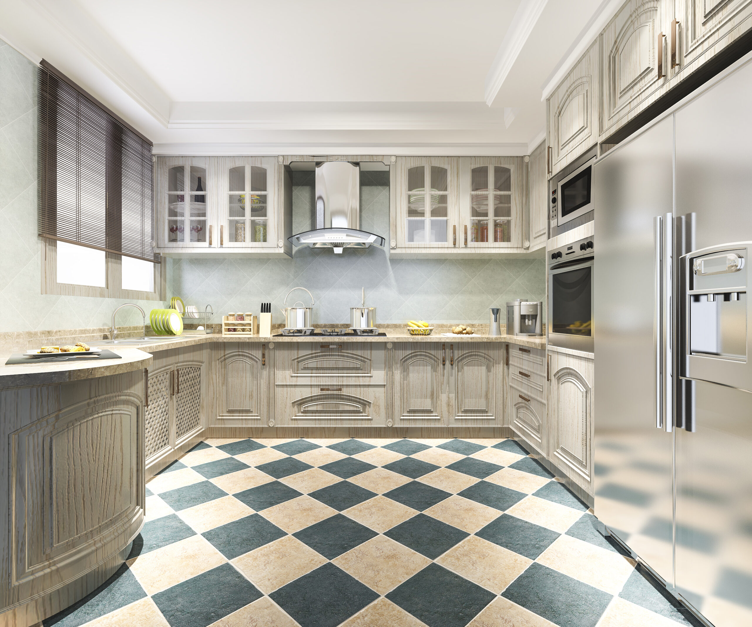 Use checkerboard tiles in kitchens for either a classic or retro look.