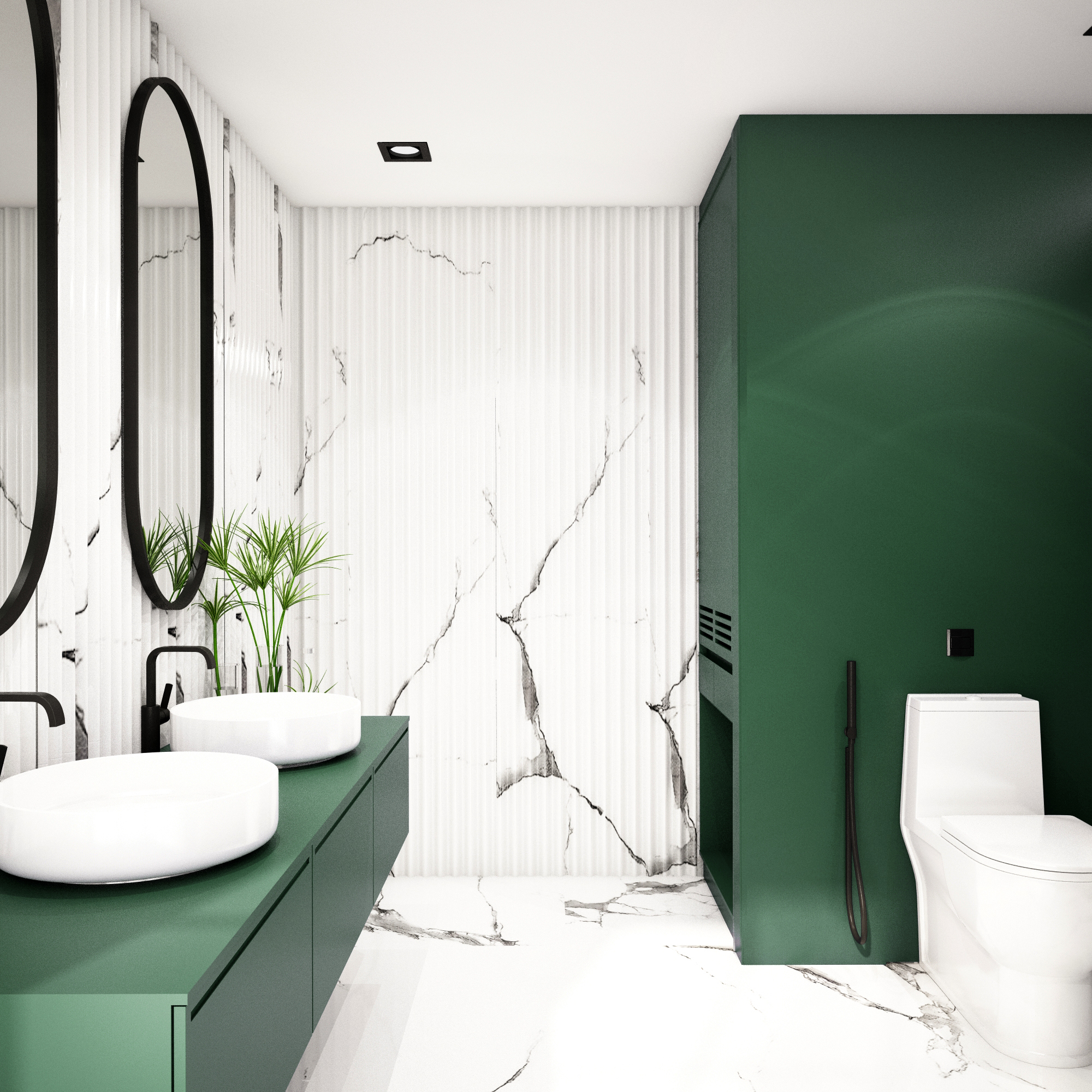 Forest green brings depth to a small bathroom when paired with gold fixtures, balanced by lighter tones.