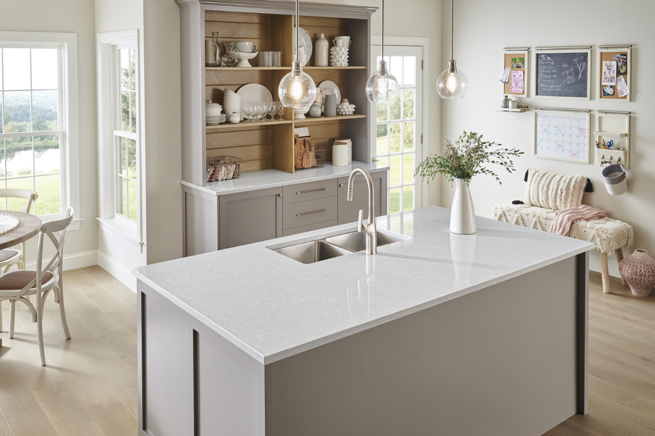 LX Hausys VIATERA - Enhance a small kitchen with white cabinets, subway tiles, and marble countertops for elegance.