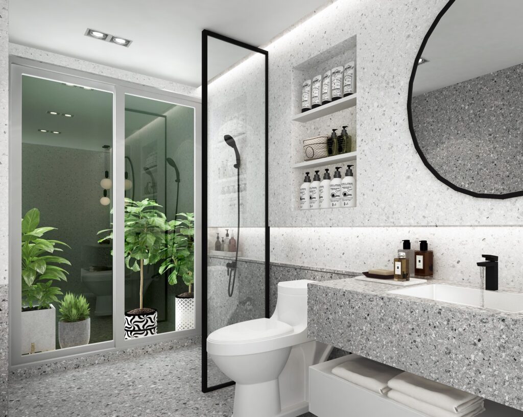 Maximize bathroom storage with sleek shower cubbies using glass or marble for sophistication.
