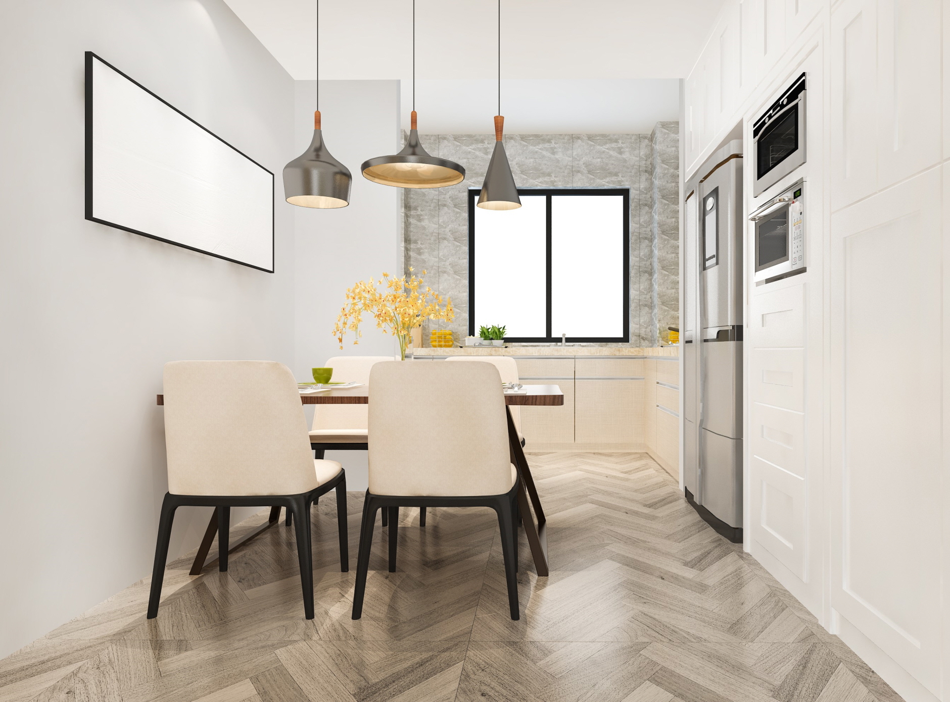 Enhance your kitchen with colorful, geometric tiles for flooring and backsplashes.