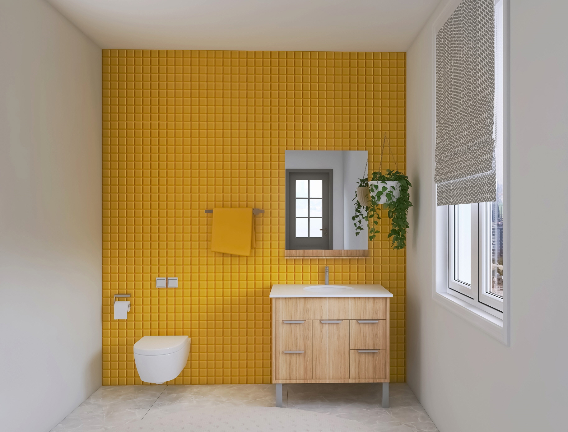 Mustard adds warmth and vibrancy to bathrooms with wood accents and earthy tones.