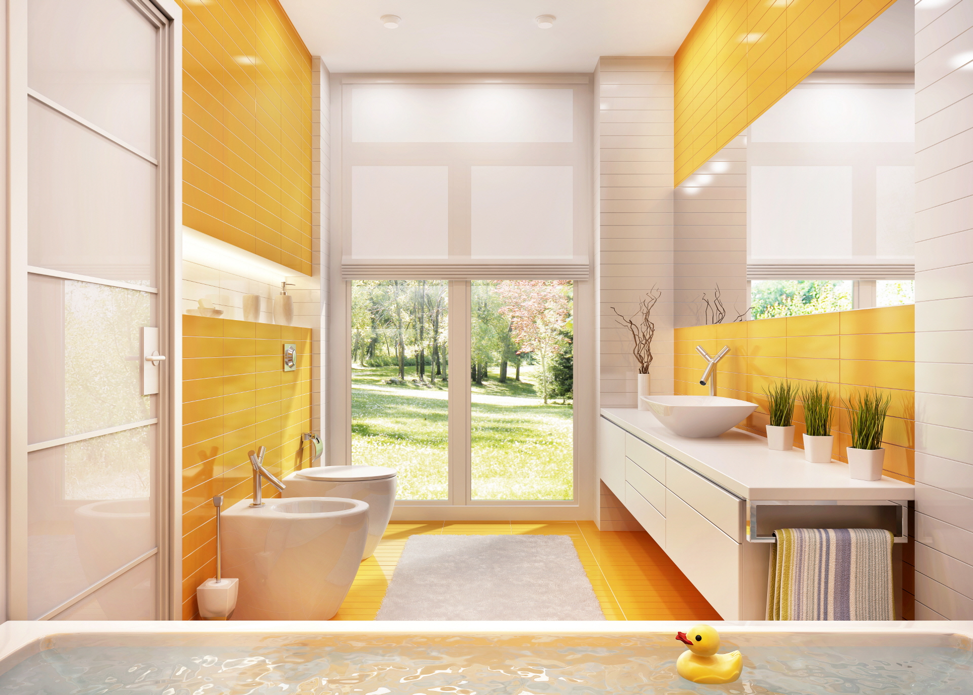 Light yellow brings warmth and cheer to small bathrooms, pairing well with white and gray for a fresh, inviting ambiance.