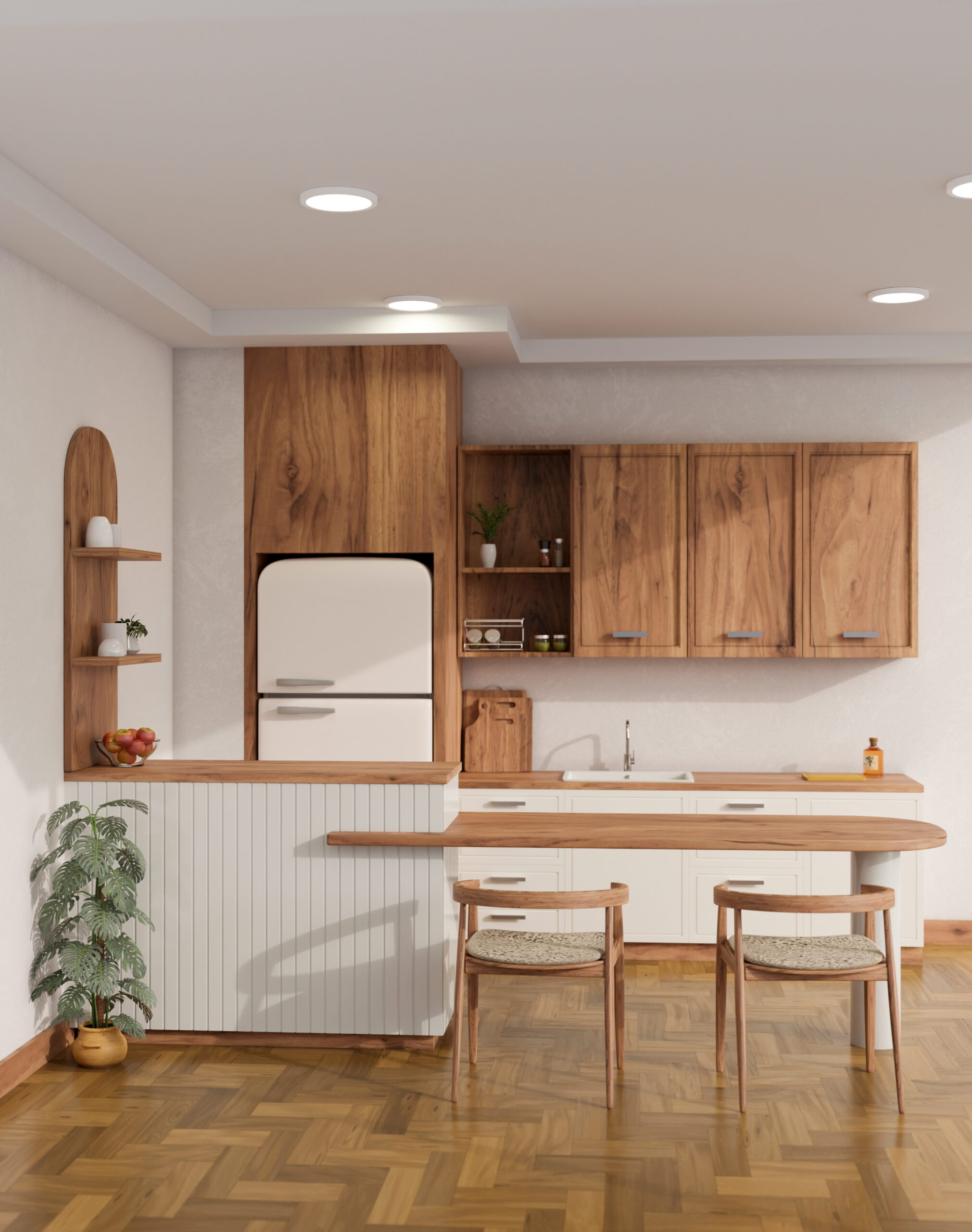 Utilize built-in seating in small kitchens for dining and multipurpose use.