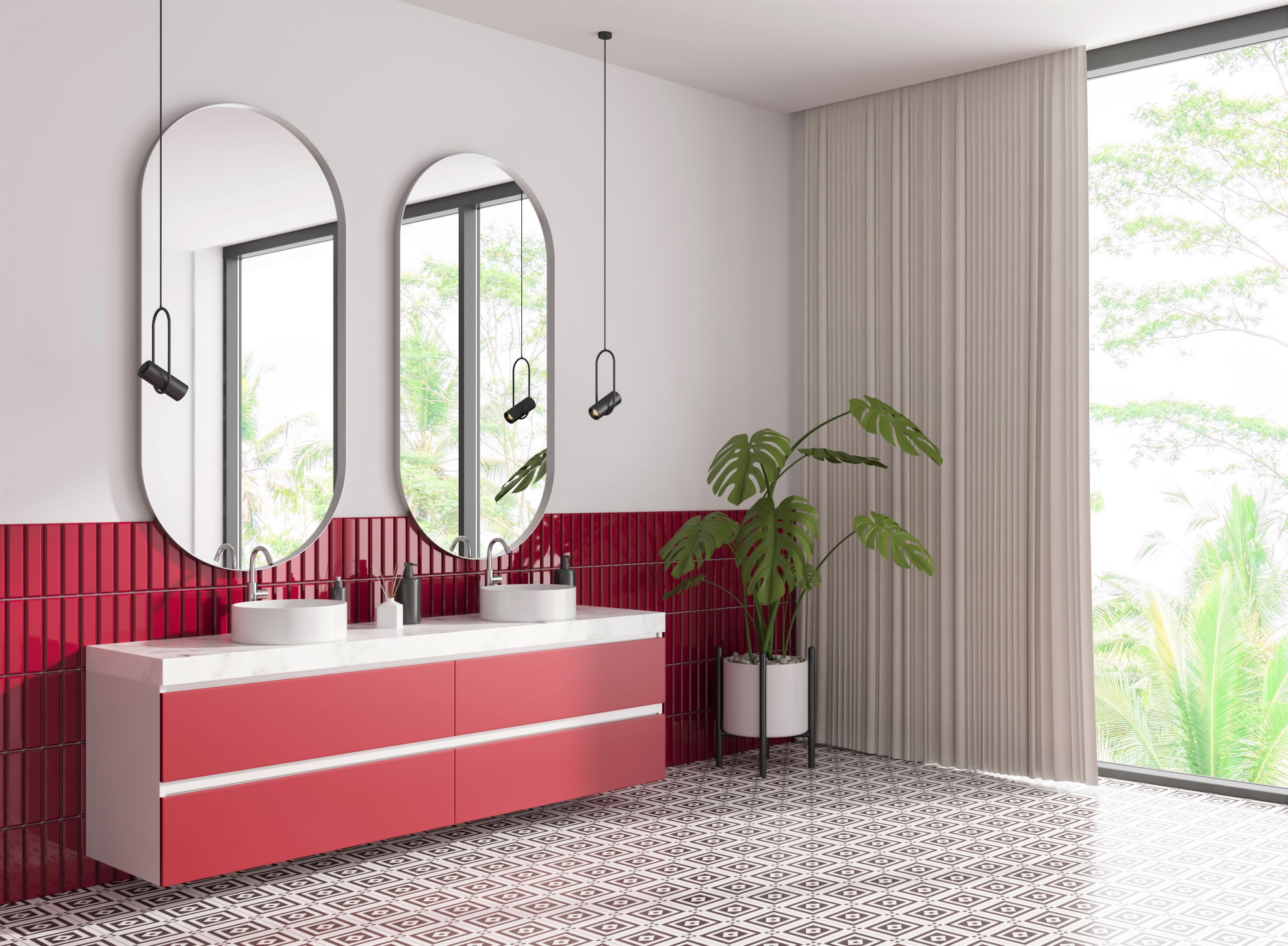 Rich Red adds boldness and warmth to the bathroom, creating a sleek, vibrant, and intimate ambiance.