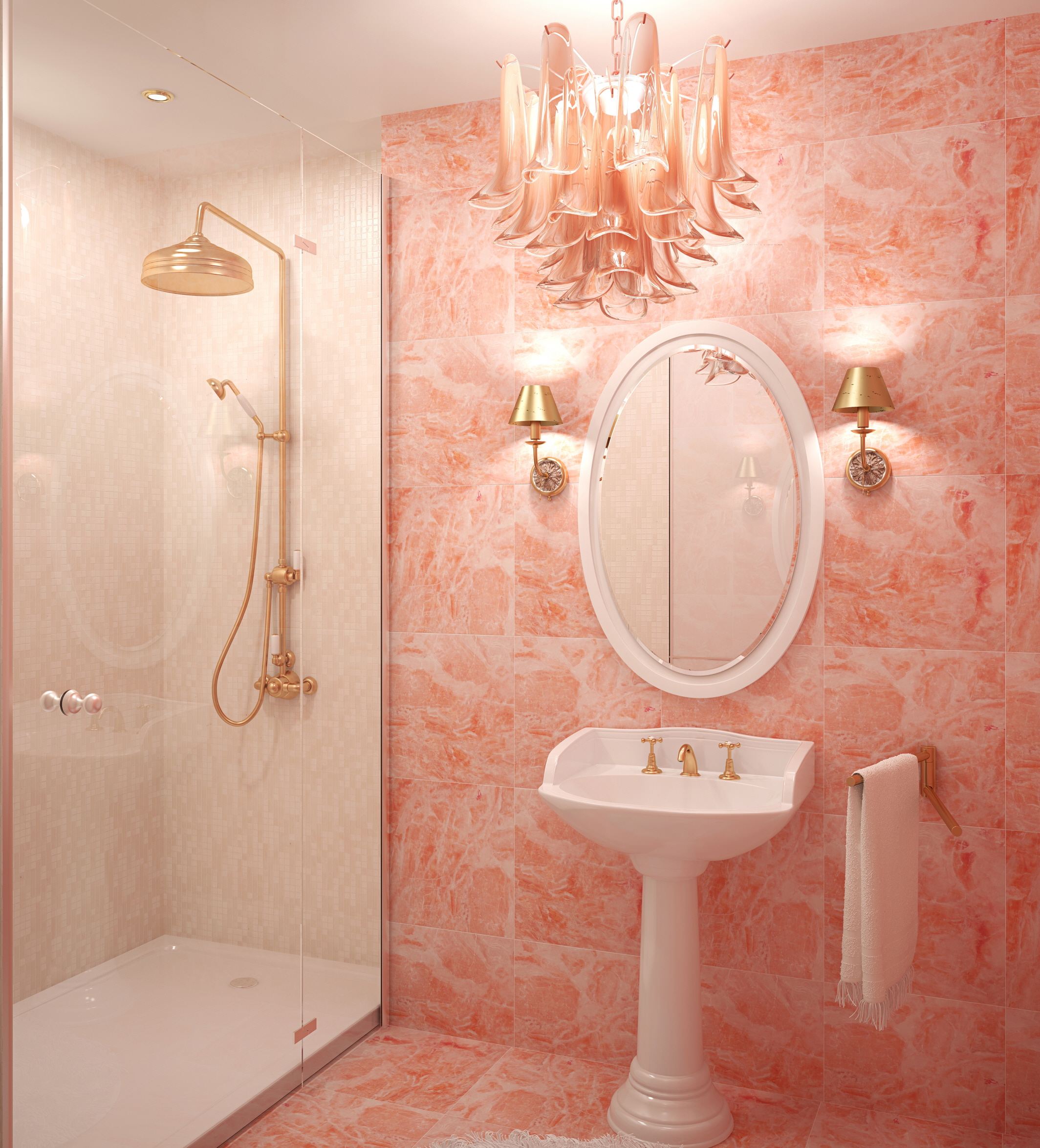 Rosy pink brings a romantic feel to bathrooms, complemented by gold accents for a glamorous touch and plush textiles for added luxury and comfort.