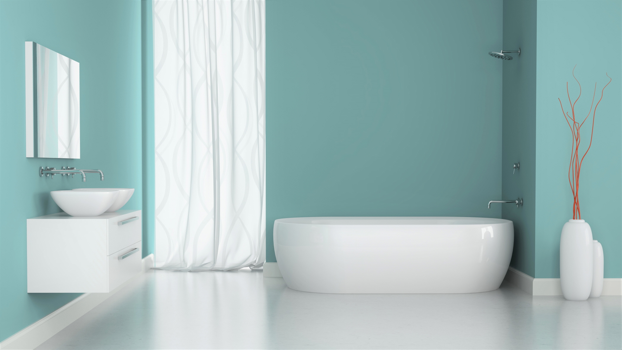 Powder Blue offers a tranquil and spacious bathroom ambiance.