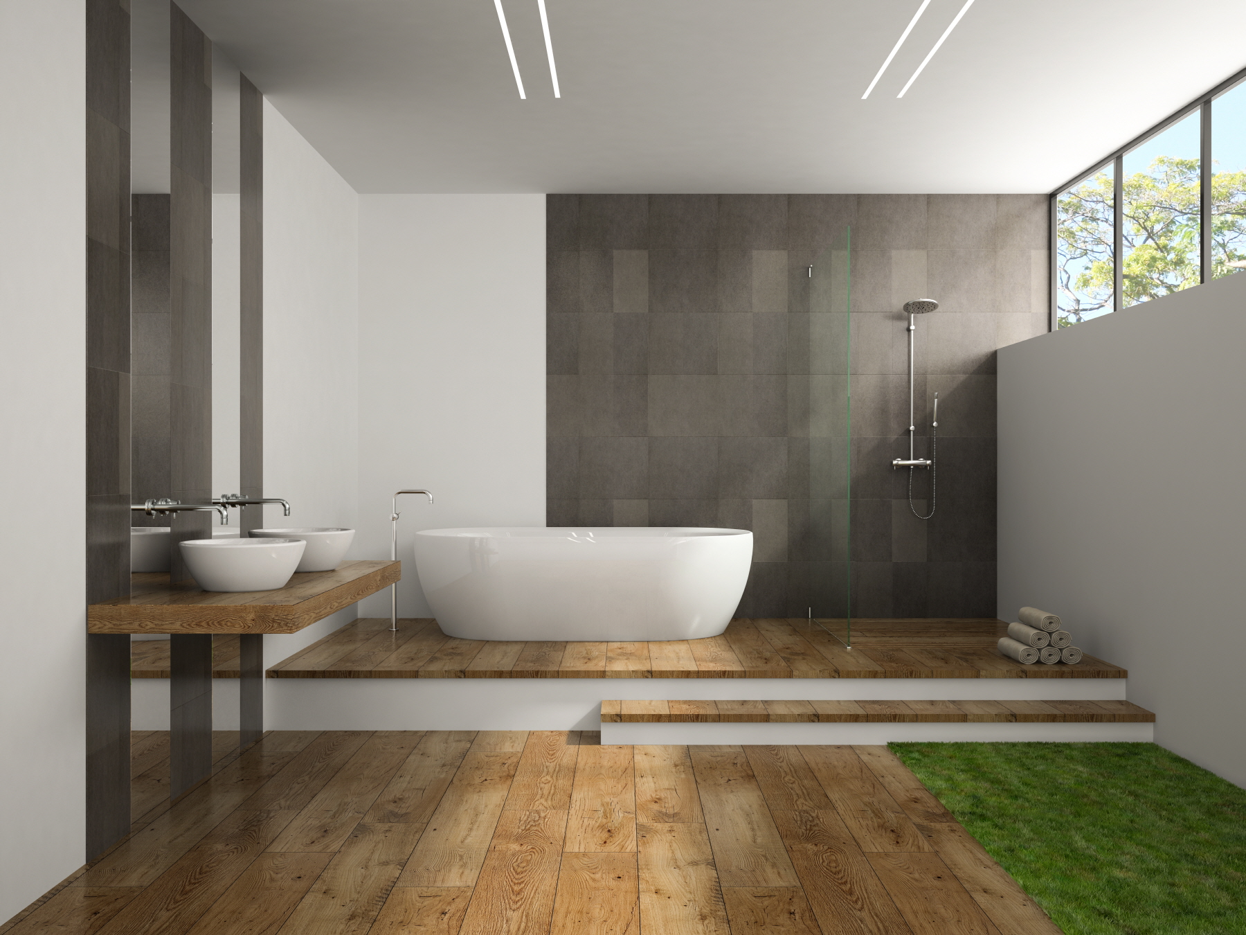 Add dimension to your bathroom with a platform design, creating separate zones using complementary materials for style.