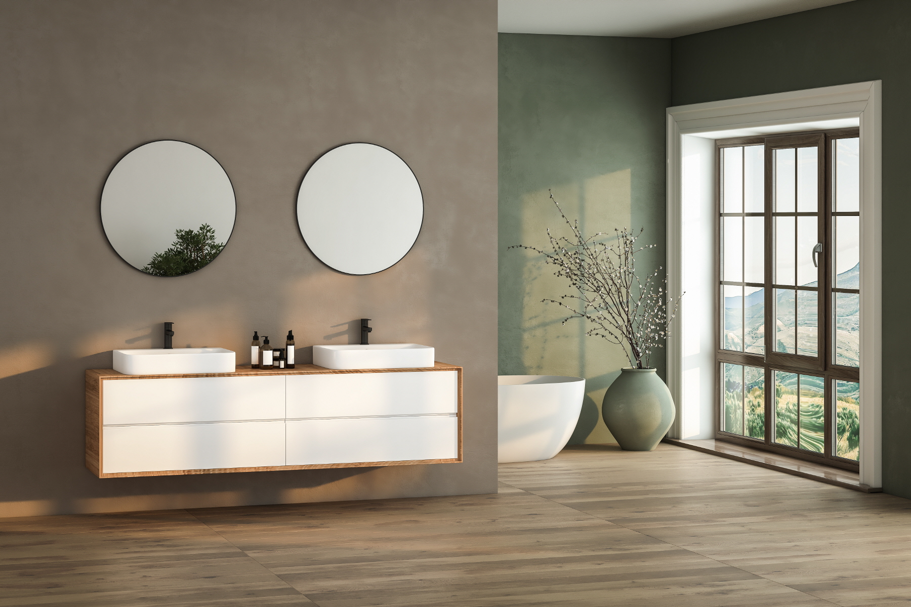 Go for earthy tones like green and brown for a refreshing, natural look in your bathroom.