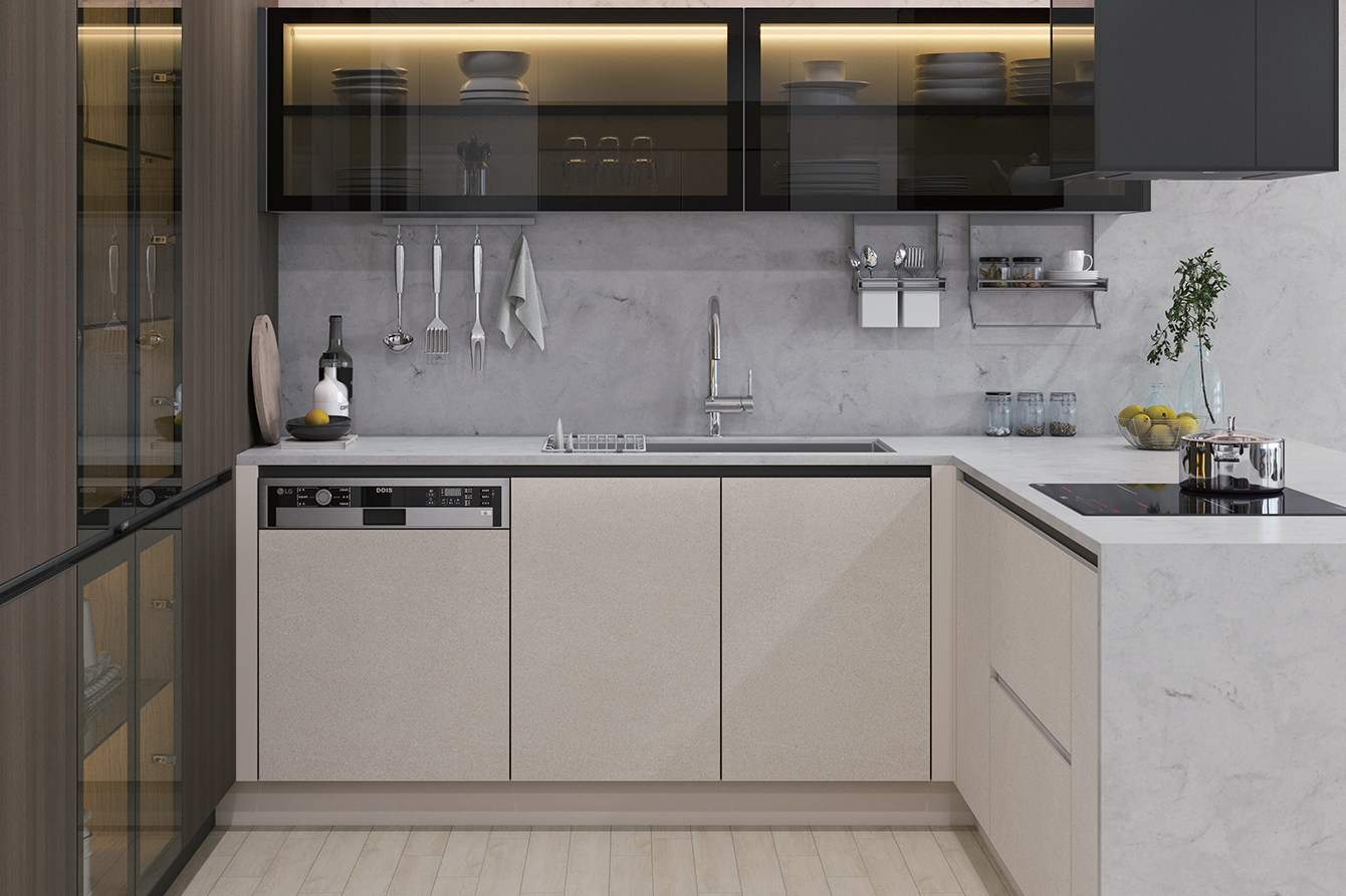 LX Hausys Deco - Whites, neutrals, and LX Hausys surfaces make your small kitchen feel spacious, bright, and easy to maintain