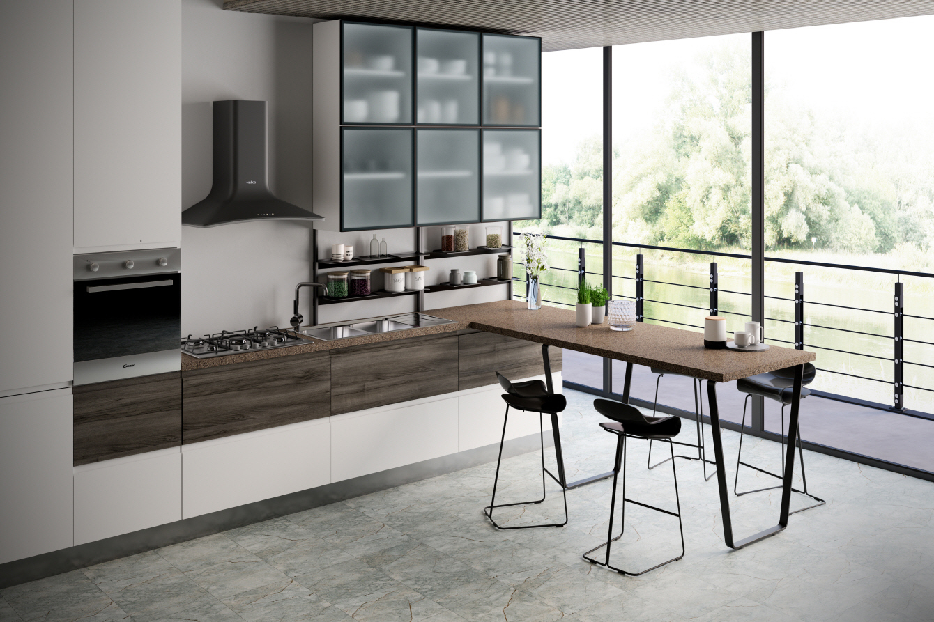 LX Hausys's natural surfaces combine functionality and organic elegance for a warm, inviting kitchen.
