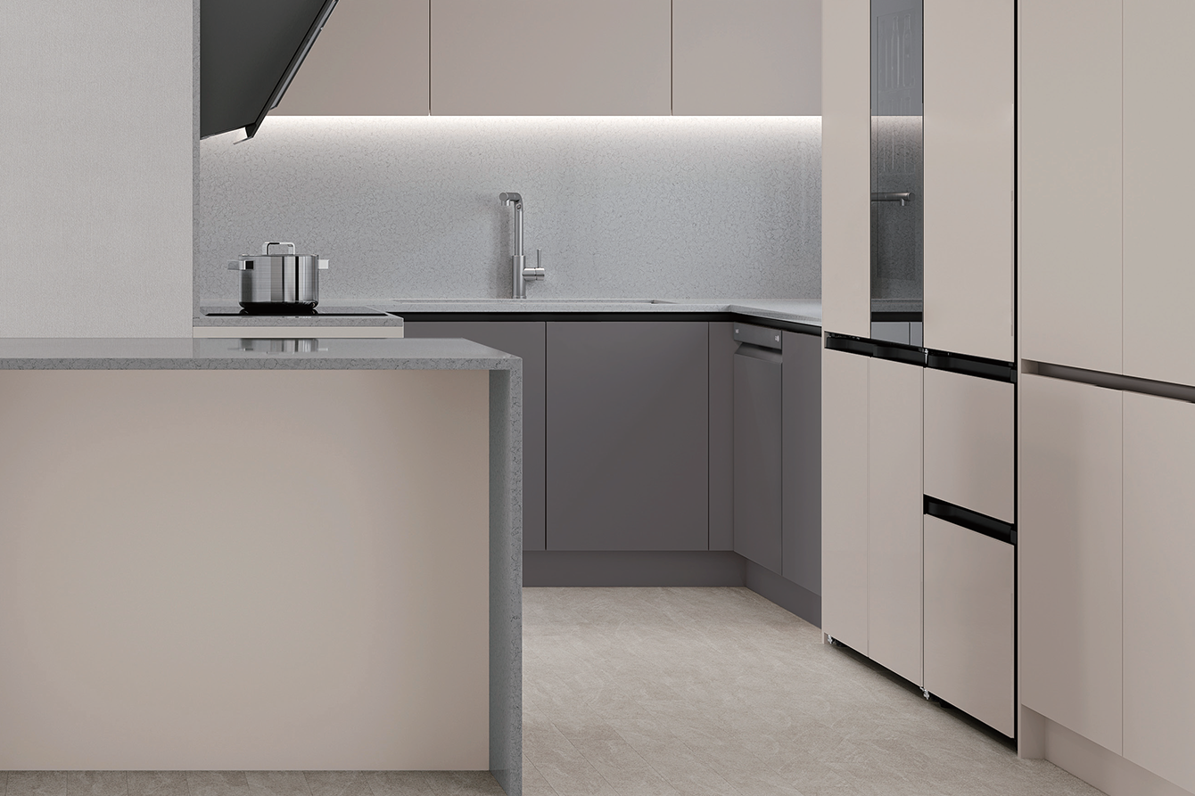 LX Hausys Deco - Choose light colors and minimal hardware for casings to create a spacious, cohesive kitchen design.