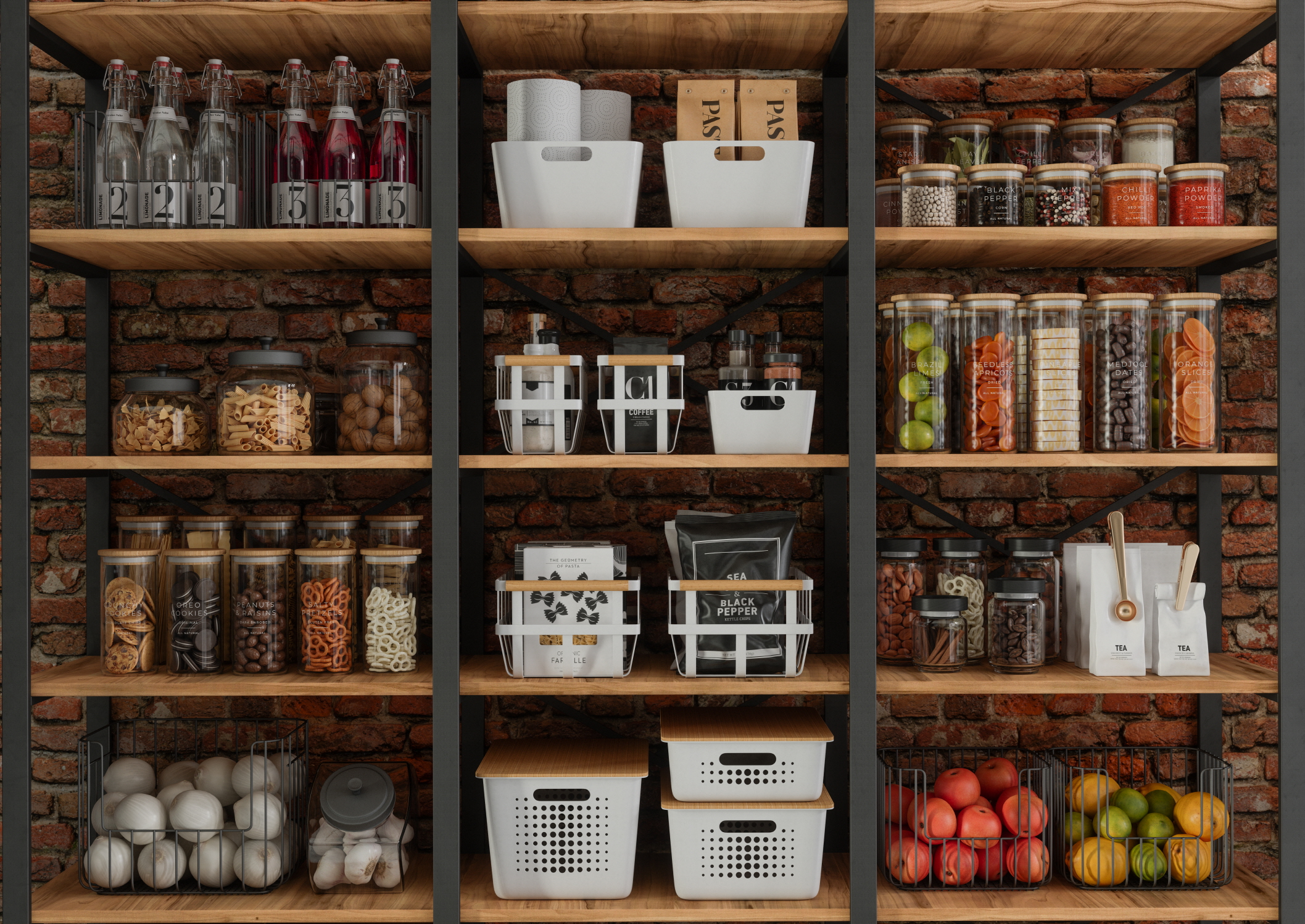 Clear bins and containers make shelves neat and contents easily visible.
