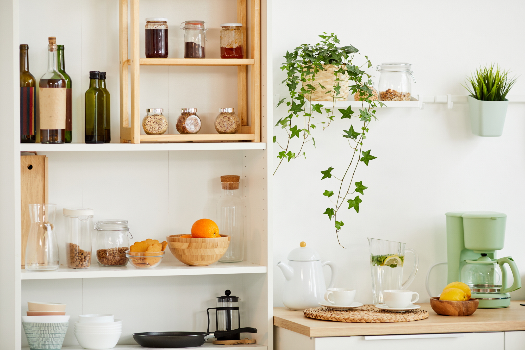 open shelves offer practical storage and stylish display, enhancing kitchen space effortlessly.