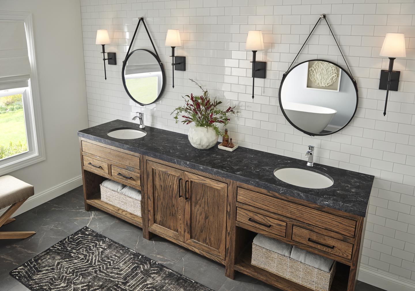Classic and Elegant bathroom with HIMACS Sanremo Black Solid surface Countertop
