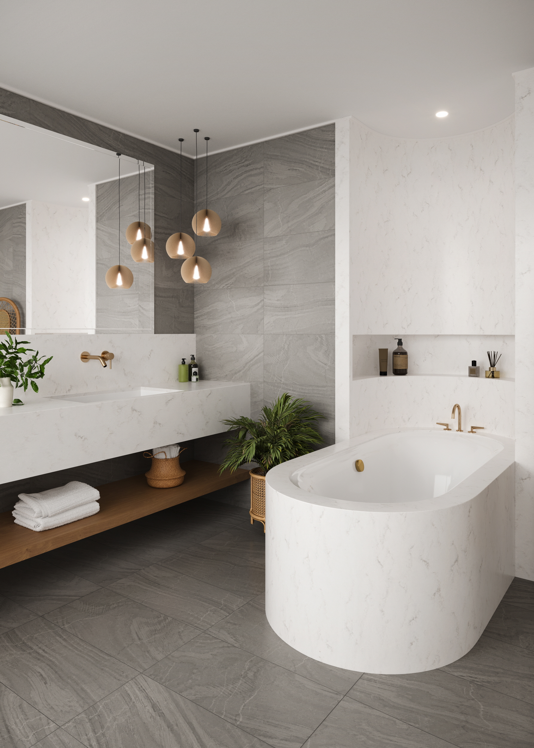 HIMACS Aurora Ecru Bathroom with multifunctional countertop and wall design